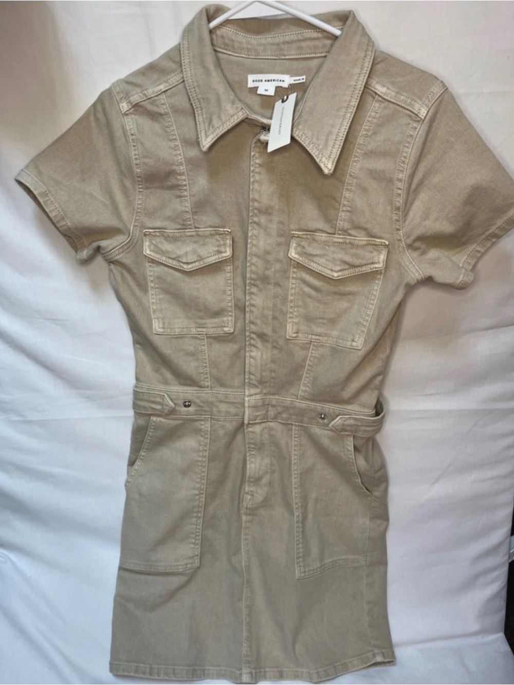 NWT Good American Men's Short-Sleeve Utility Shirt Dress in Khaki